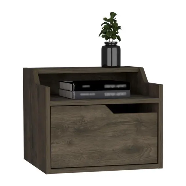 Alt view image 5 of 6 - Winchester Floating Nightstand, Modern Dual-Tier Design With Spacious Single Drawer Storage, Dark Brown