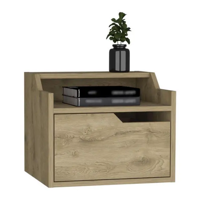 Alt view image 2 of 7 - Floating Nightstand, Modern Dual-Tier Design With Spacious Single Drawer Storage, Macadamia