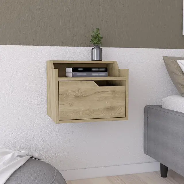 Alt view image 6 of 7 - Floating Nightstand, Modern Dual-Tier Design With Spacious Single Drawer Storage, Macadamia
