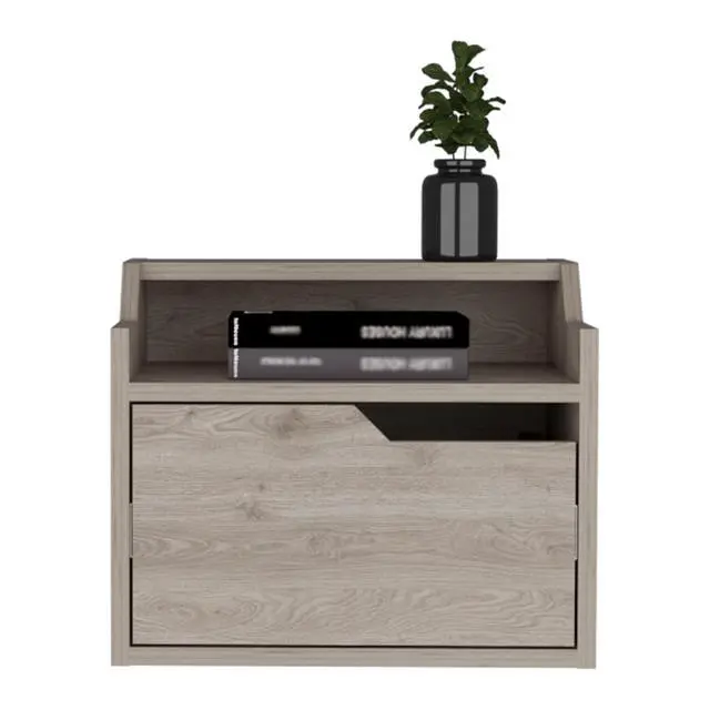 Alt view image 2 of 7 - Winchester Floating Nightstand, Modern Dual-Tier Design With Spacious Single Drawer Storage, Light Gray