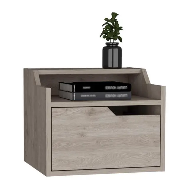 Alt view image 4 of 7 - Winchester Floating Nightstand, Modern Dual-Tier Design With Spacious Single Drawer Storage, Light Gray