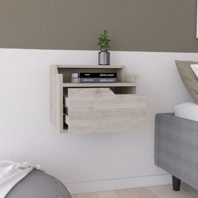 Alt view image 5 of 7 - Winchester Floating Nightstand, Modern Dual-Tier Design With Spacious Single Drawer Storage, Light Gray