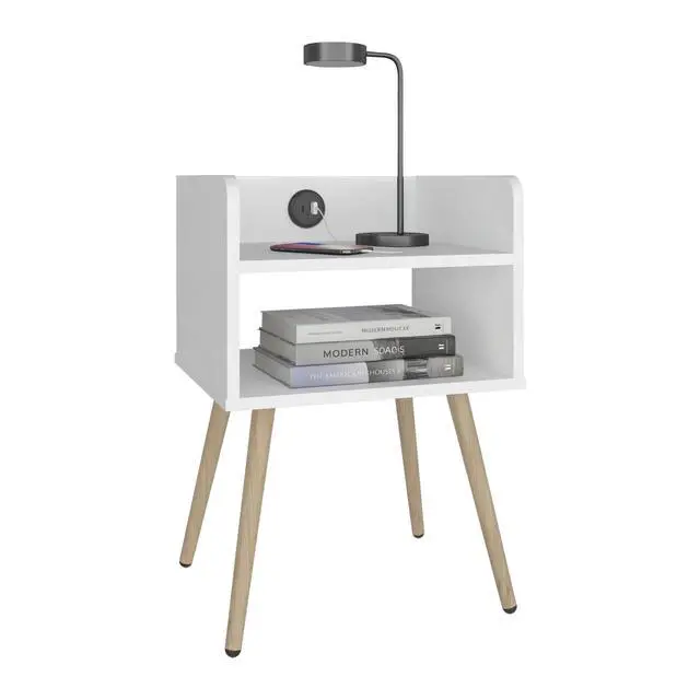 Alt view image 3 of 7 - Nightstand With Usb Port, 2 Shelves - White