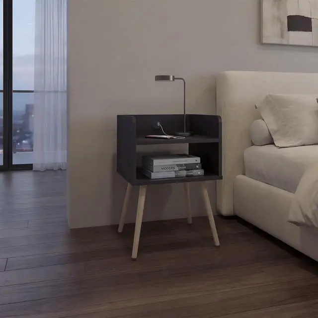 Main image of Nightstand With Usb Port, 2 Shelves - Black Wengue