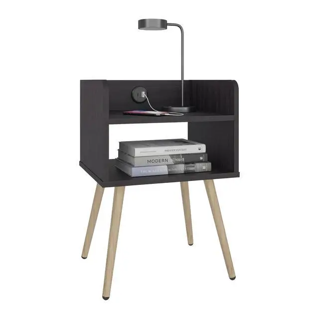 Alt view image 3 of 7 - Nightstand With Usb Port, 2 Shelves - Black Wengue