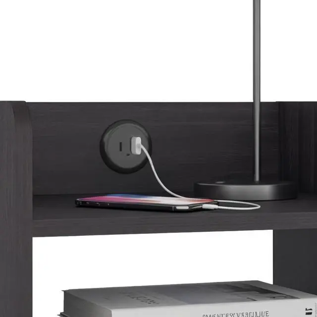 Alt view image 5 of 7 - Nightstand With Usb Port, 2 Shelves - Black Wengue