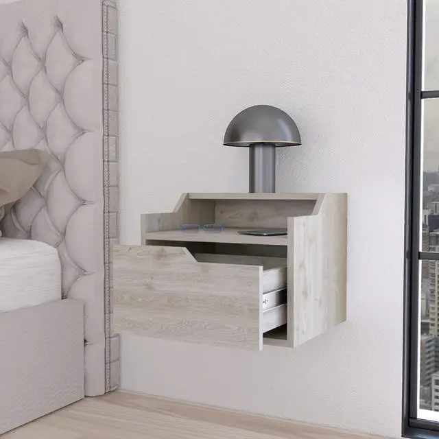 Alt view image 3 of 7 - Florence Floating Nightstand With Drawer And Dual-Shelf Display