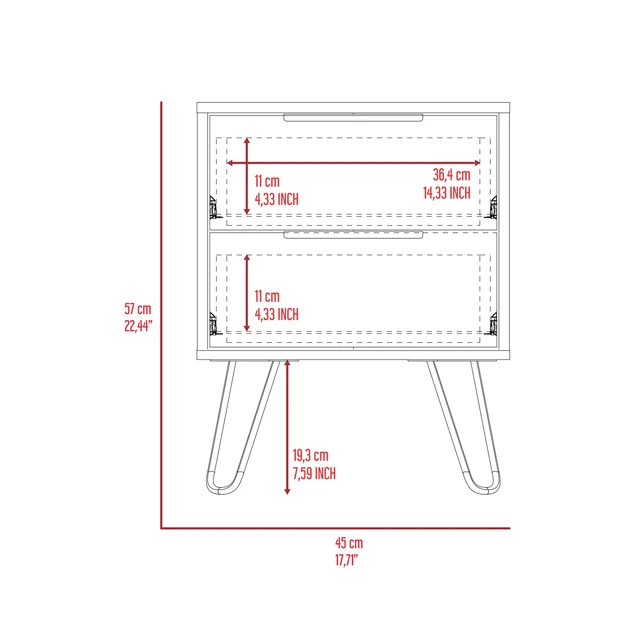 Alt view image 3 of 7 - Nuvo Nightstand,Two Drawers, Hairpin Legs