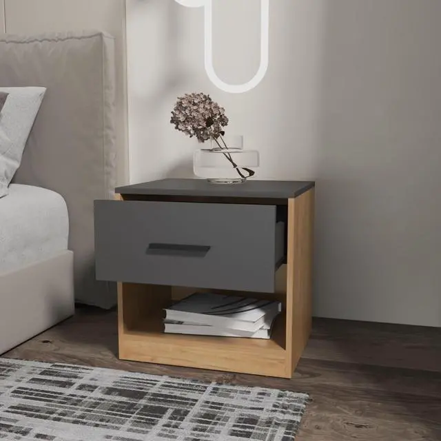 Alt view image 4 of 7 - Solomon Nightstand With A Drawer, Natural Oak And Matt Grey