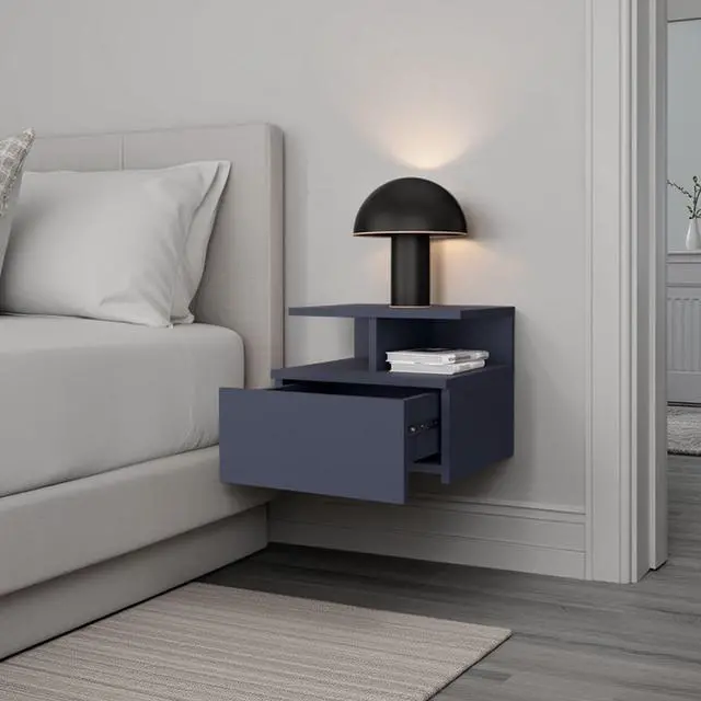 Alt view image 2 of 7 - Lee Ju Floating Nightstand, 1 Drawer, Open Shelf, Wall Mounted Design, Kronos Blue