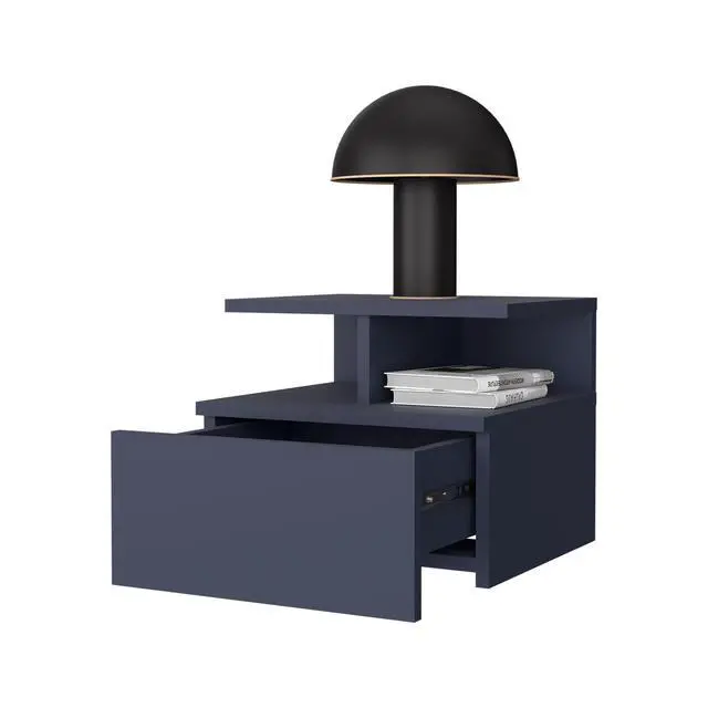 Alt view image 4 of 7 - Lee Ju Floating Nightstand, 1 Drawer, Open Shelf, Wall Mounted Design, Kronos Blue