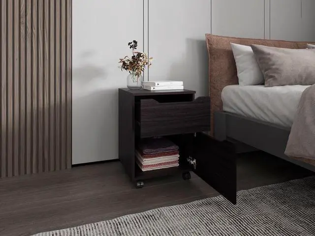 Alt view image 2 of 7 - Ocala Set Of 2 Nightstands: Modern Bed Set With Storage Drawer & Shelf, Wenge