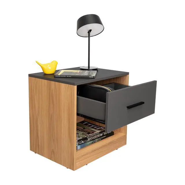 Alt view image 3 of 7 - Tallinn Set Of 2 Nightstands, Small Minimalist Nightstand, Storage With Drawer, Lower Open Shelf, Natural Oak And Gray