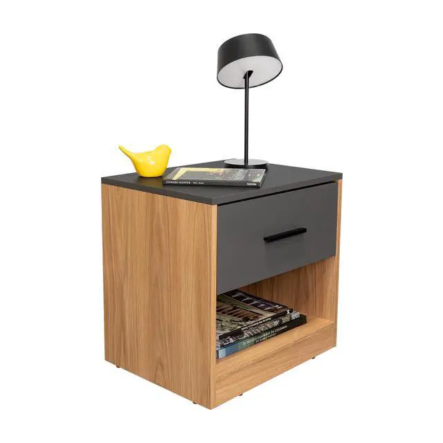 Alt view image 2 of 7 - Tallinn Set Of 2 Nightstands, Small Minimalist Nightstand, Storage With Drawer, Lower Open Shelf, Natural Oak And Gray