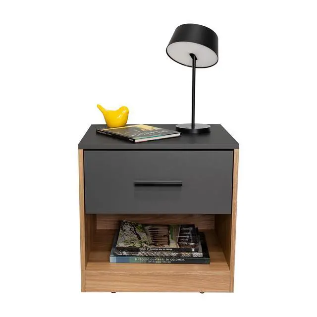 Alt view image 7 of 7 - Tallinn Set Of 2 Nightstands, Small Minimalist Nightstand, Storage With Drawer, Lower Open Shelf, Natural Oak And Gray