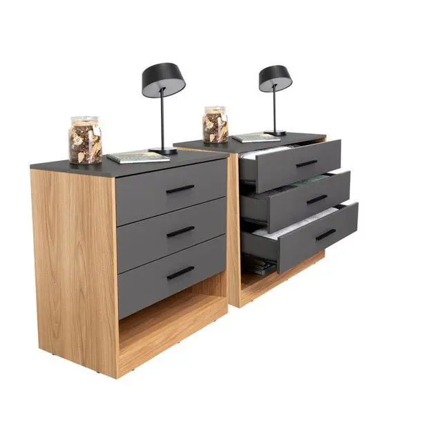 Alt view image 5 of 7 - Boras Set Of 2 Small Dressers, Minimalist Modern Style, High Capacity Bedroom Storage Furniture, Natural Oak And Gray