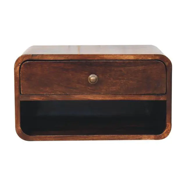 Alt view image 2 of 7 - Solid Wood Curved California Walnut Wall-Mounted Bedside, Open Slot, 1-Drawer