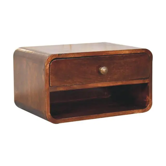 Alt view image 3 of 7 - Solid Wood Curved California Walnut Wall-Mounted Bedside, Open Slot, 1-Drawer