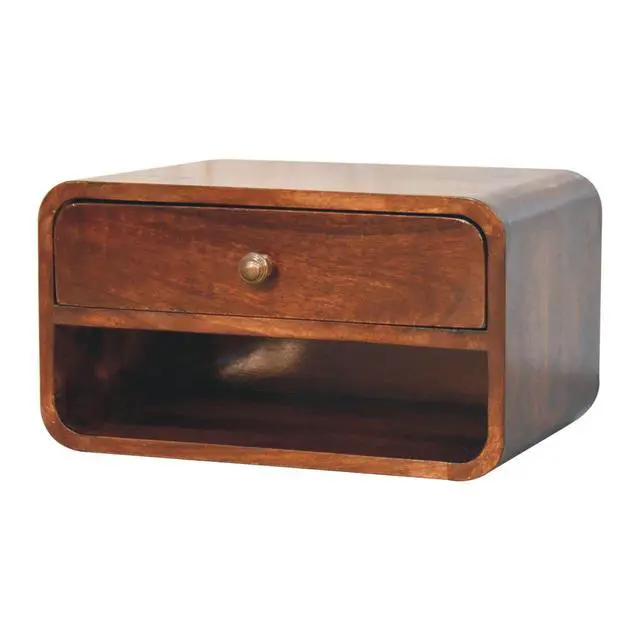 Alt view image 4 of 7 - Solid Wood Curved California Walnut Wall-Mounted Bedside, Open Slot, 1-Drawer