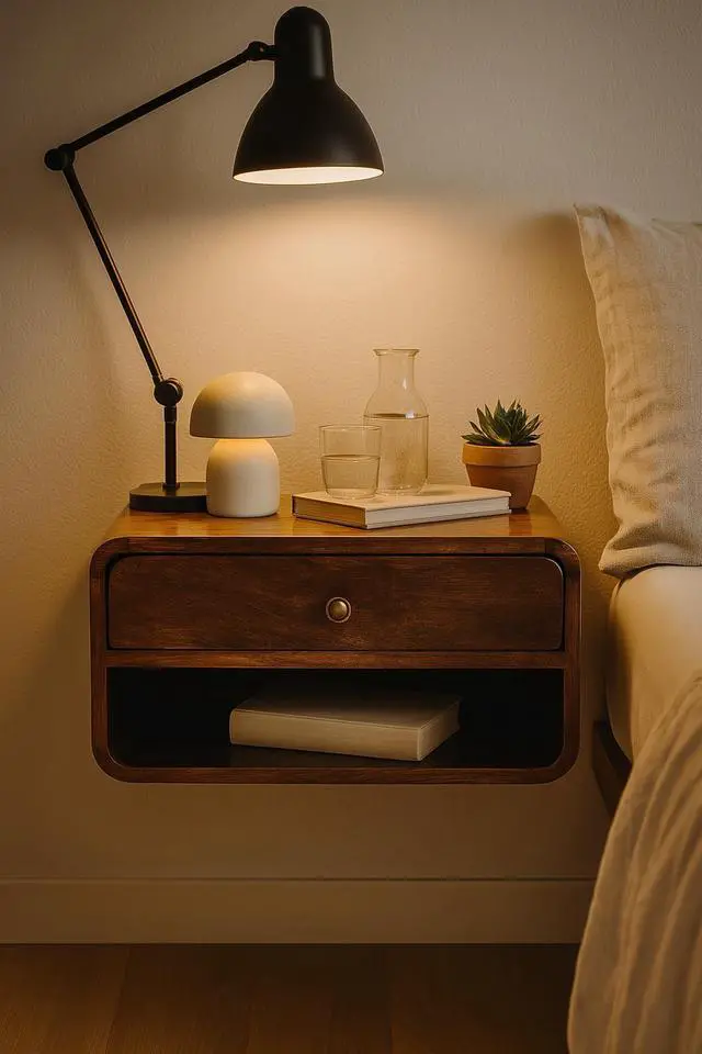Main image of Solid Wood Curved California Walnut Wall-Mounted Bedside, Open Slot, 1-Drawer