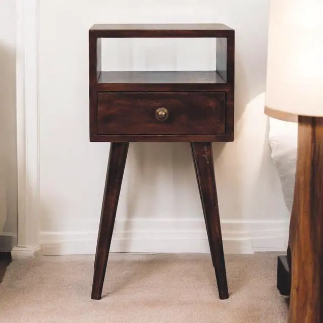 Main image of Solid Wood Mini California Walnut Nightstand, 1-Drawer, 1 Open-Slot, Nordic Legs, Dark Brown