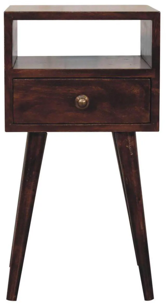 Alt view image 2 of 7 - Solid Wood Mini California Walnut Nightstand, 1-Drawer, 1 Open-Slot, Nordic Legs, Dark Brown