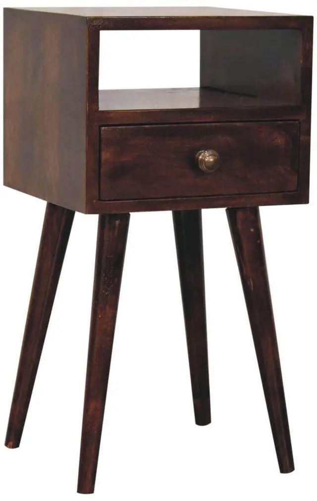 Alt view image 3 of 7 - Solid Wood Mini California Walnut Nightstand, 1-Drawer, 1 Open-Slot, Nordic Legs, Dark Brown