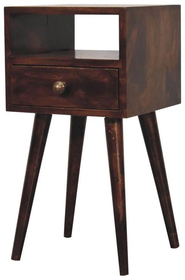 Alt view image 4 of 7 - Solid Wood Mini California Walnut Nightstand, 1-Drawer, 1 Open-Slot, Nordic Legs, Dark Brown