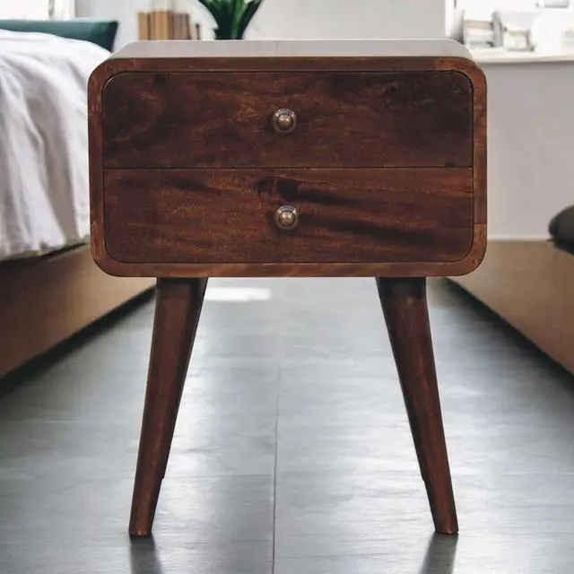 Main image of Solid Wood Curved California Walnut Nightstand, 2-Drawers, Nordic Legs, Dark Brown