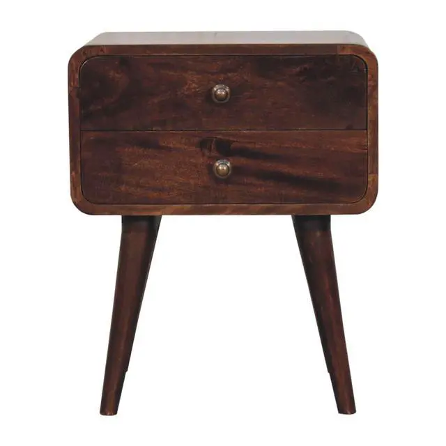 Alt view image 2 of 7 - Solid Wood Curved California Walnut Nightstand, 2-Drawers, Nordic Legs, Dark Brown