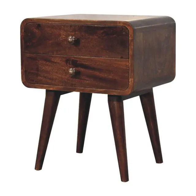 Alt view image 4 of 7 - Solid Wood Curved California Walnut Nightstand, 2-Drawers, Nordic Legs, Dark Brown
