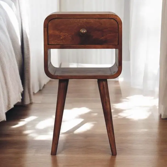 Main image of Solid Wood Mini Honey Caramel Curved Bedside, 1-Drawer, 1 Open-Slot, Nordic Legs, Brown