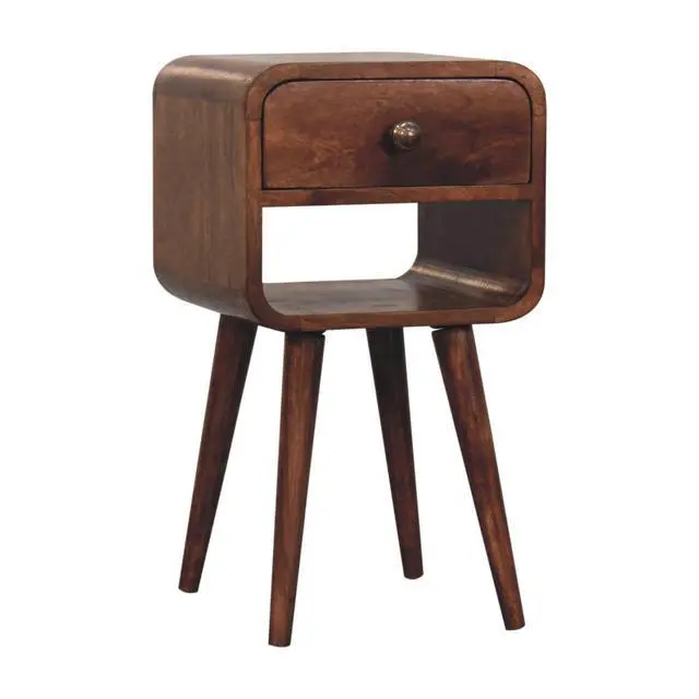 Alt view image 3 of 7 - Solid Wood Mini Honey Caramel Curved Bedside, 1-Drawer, 1 Open-Slot, Nordic Legs, Brown