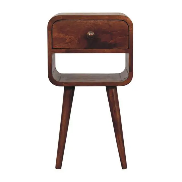 Alt view image 2 of 7 - Solid Wood Mini Honey Caramel Curved Bedside, 1-Drawer, 1 Open-Slot, Nordic Legs, Brown