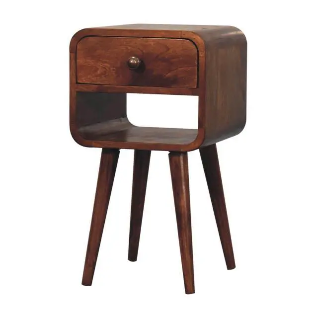 Alt view image 4 of 7 - Solid Wood Mini Honey Caramel Curved Bedside, 1-Drawer, 1 Open-Slot, Nordic Legs, Brown