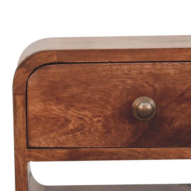 Alt view image 5 of 7 - Solid Wood Mini Honey Caramel Curved Bedside, 1-Drawer, 1 Open-Slot, Nordic Legs, Brown