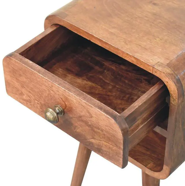 Alt view image 6 of 7 - Solid Wood Mini Honey Caramel Curved Bedside, 1-Drawer, 1 Open-Slot, Nordic Legs, Brown