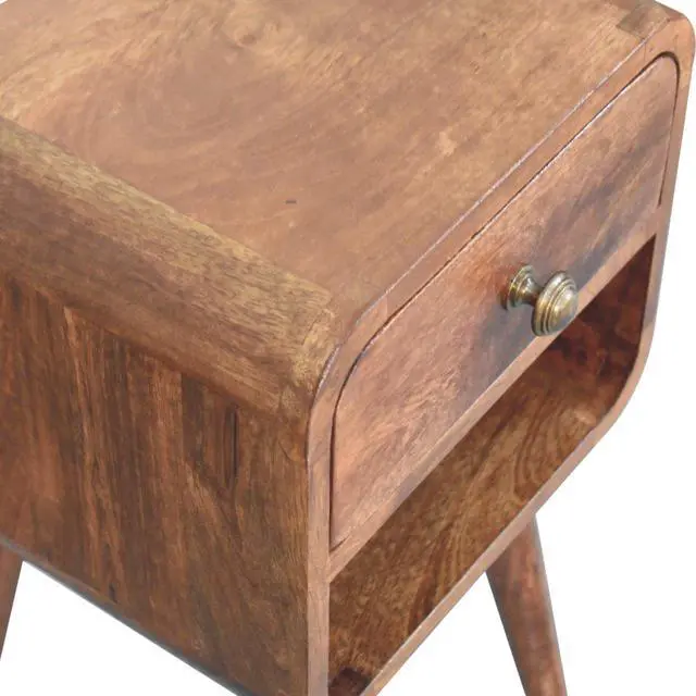 Alt view image 7 of 7 - Solid Wood Mini Honey Caramel Curved Bedside, 1-Drawer, 1 Open-Slot, Nordic Legs, Brown