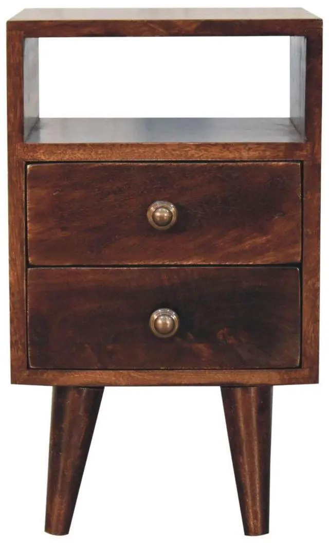Alt view image 2 of 7 - Solid Wood Mini Classic California Walnut Bedside, 2-Drawers, 1 Open Shelf, Nordic Legs, Dark Brown
