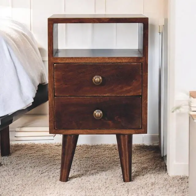Main image of Solid Wood Mini Classic California Walnut Bedside, 2-Drawers, 1 Open Shelf, Nordic Legs, Dark Brown