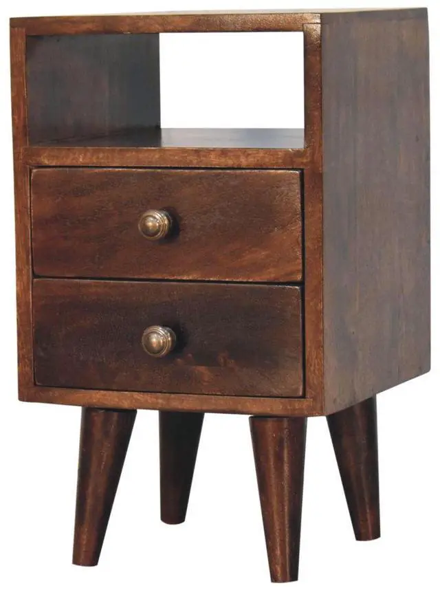 Alt view image 4 of 7 - Solid Wood Mini Classic California Walnut Bedside, 2-Drawers, 1 Open Shelf, Nordic Legs, Dark Brown