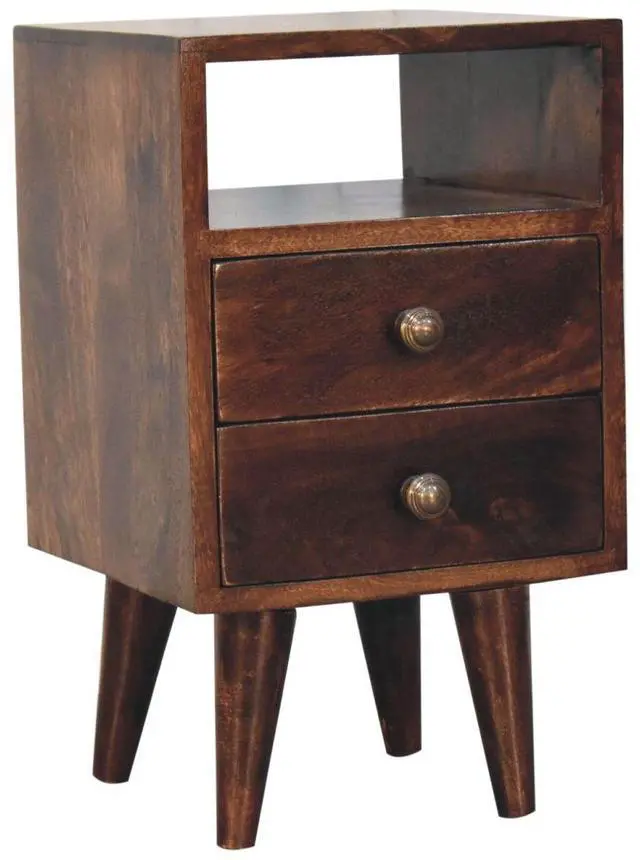 Alt view image 3 of 7 - Solid Wood Mini Classic California Walnut Bedside, 2-Drawers, 1 Open Shelf, Nordic Legs, Dark Brown