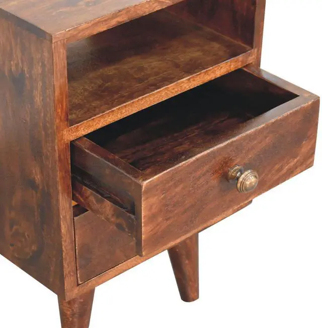 Alt view image 6 of 7 - Solid Wood Mini Classic California Walnut Bedside, 2-Drawers, 1 Open Shelf, Nordic Legs, Dark Brown