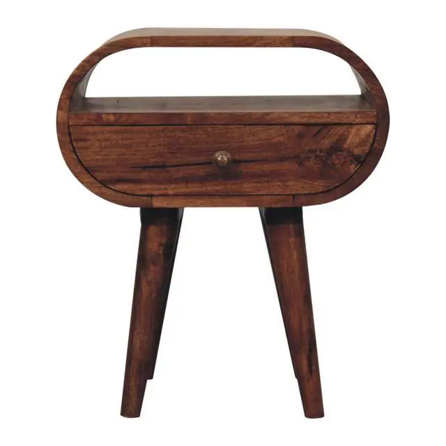 Alt view image 2 of 7 - Solid Wood Honey Caramel Circular Bedside With Open Slot, 1-Drawer, Nordic Legs, Dark Brown