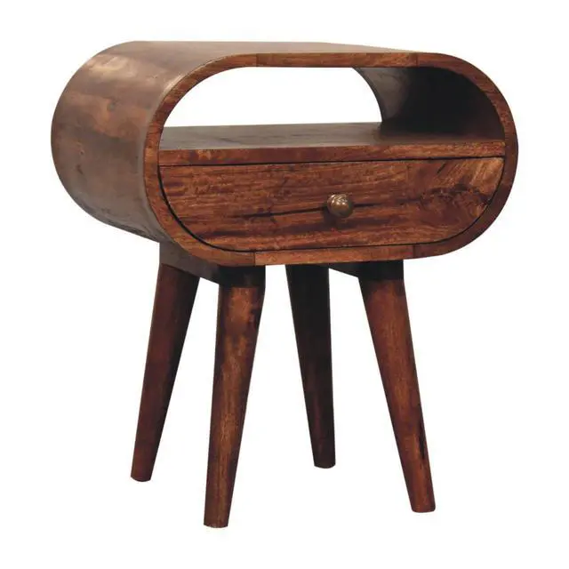 Alt view image 3 of 7 - Solid Wood Honey Caramel Circular Bedside With Open Slot, 1-Drawer, Nordic Legs, Dark Brown