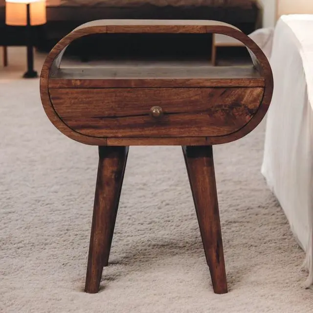 Main image of Solid Wood Honey Caramel Circular Bedside With Open Slot, 1-Drawer, Nordic Legs, Dark Brown