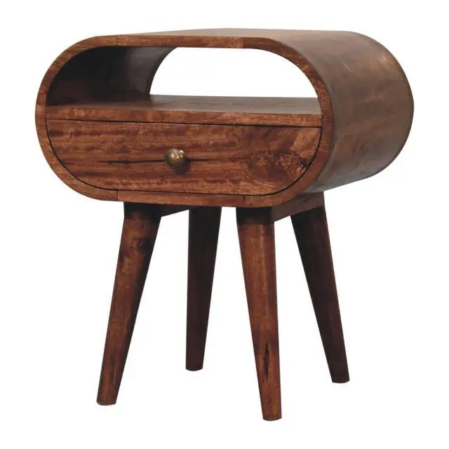 Alt view image 4 of 7 - Solid Wood Honey Caramel Circular Bedside With Open Slot, 1-Drawer, Nordic Legs, Dark Brown