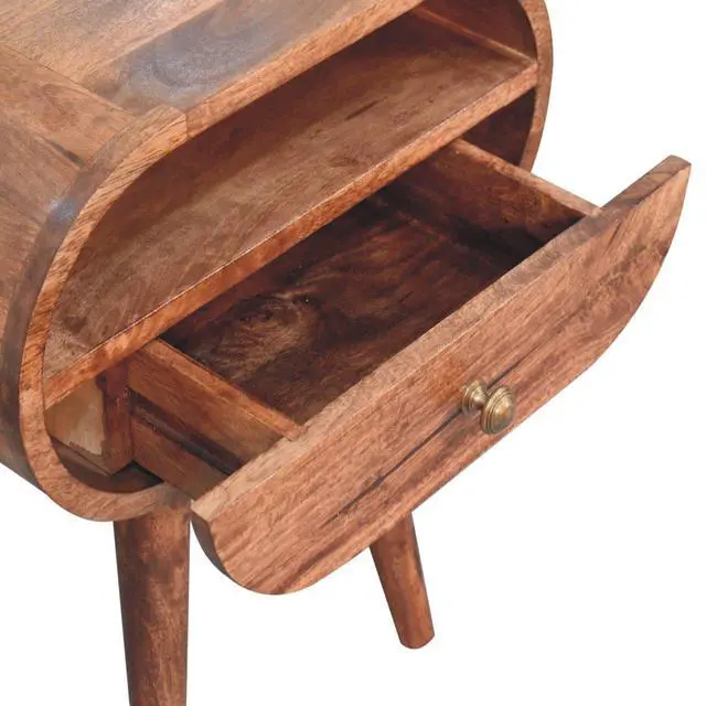 Alt view image 6 of 7 - Solid Wood Honey Caramel Circular Bedside With Open Slot, 1-Drawer, Nordic Legs, Dark Brown
