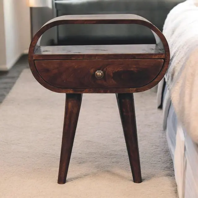 Main image of Solid Wood California Walnut Circular Bedside With 1-Drawer, Open Slot, Nordic Legs, Dark Brown
