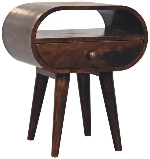 Alt view image 3 of 7 - Solid Wood California Walnut Circular Bedside With 1-Drawer, Open Slot, Nordic Legs, Dark Brown